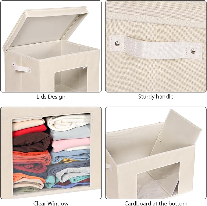 Univivi Fabric Storage Bins with Lids for Closet, 4 Pack, Beige | Fabric Foldable Storage Boxes, Sturdy Collapsible Storage Bins with Clear Window, Storage Bins for Home, Closet, Shelves - Image 4
