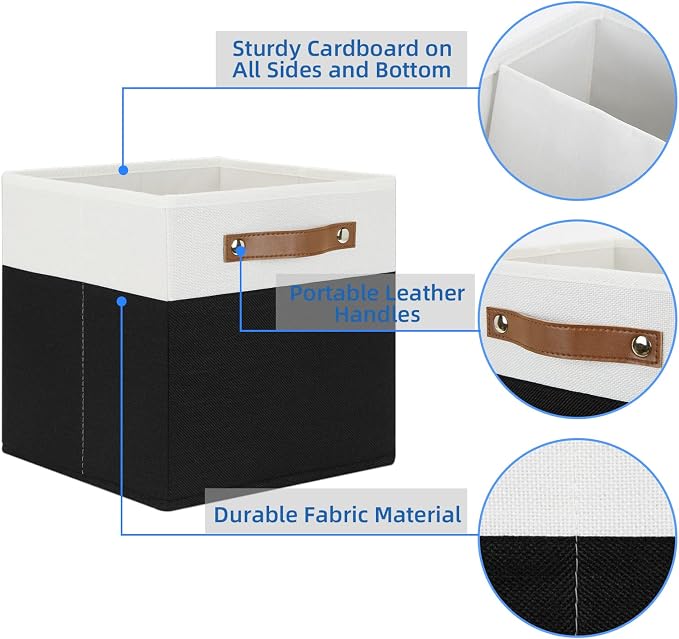 Temary 11 inch Cube Storage Bin 4 Pack Fabric Storage Cubes for Home, Fabric Storage Bin Storage Cube Bins with Leather Handles(White&Black) - Image 3