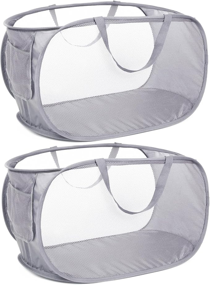 Durable Collapsible Laundry Baskets, Mesh Pop Up Laundry Hamper with Side Pocket, Foldable Clothes Hamper with Reinforced Carry Handles for Laundry, Bathroom, Kids Room, Dorm or Travel 2 Pack Grey by Bemkoo