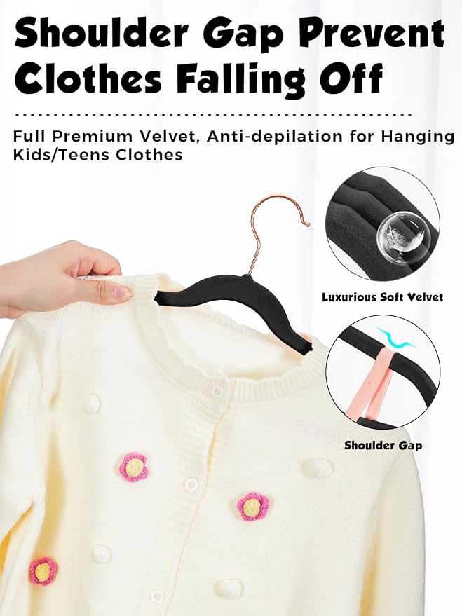 Kids Velvet Hangers 50 Pack, 14 Inch Premium Non Slip Kids Felt Hangers for Closet, Space Saving Toddler Clothes Hanger for Youth's Childrens' Clothes (Rose Gold Hook)- Black | Premium Kids Hangers for Closet Storage, Space Saving Toddler Clothes Hange... - Image 3