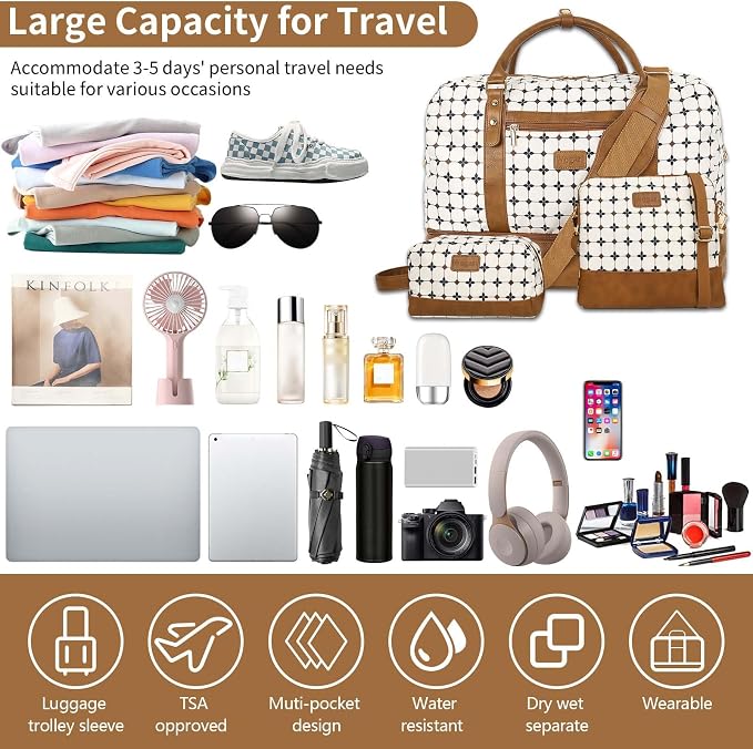 3PCS Weekender Bags for Women Large Overnight Bag, Brown Argyle | Weekender Travel Duffel Bags Carry on Shoulder with Shoe Compartment Toiletry Bag Satchel Bag for Travelling Business Gym - Image 7