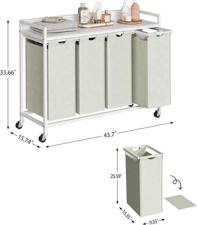 Herture Laundry Hampers with Shelf, Laundry Basket 4 Section, 4 x 15.87 Gal | Laundry Sorter with Pull-Out Removable Large 4 White Bags and Movable Wheels, Metal Frame, White PF07XLW - Image 4