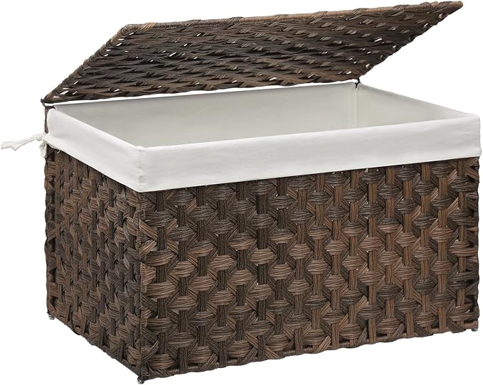 Wicker Storage Basket with Lid, 17.2 Gallon (65L) Small Blanket Basket with Lid, Woven Storage Bin with Handles, Removable Liner, Metal Frame, Foldable, for Bedroom, Laundry Room, Brown by MOORLITER