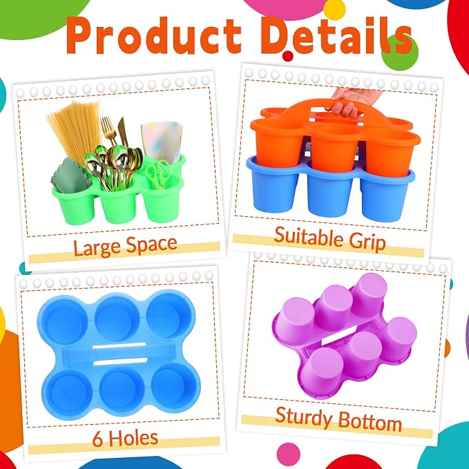 12 Pack Classroom Caddy Organizer with Handle Colorful Plastic Table Caddy Drink Cup Caddies Holder 12×9×3.5 Inch Storage School Supplies 6 Compartments for Table Crayon Pencil Cup Marker Craft - Image 3