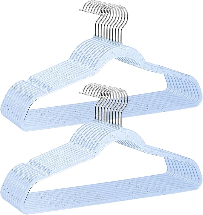 Blue Clothes Hangers 16", 20 Pack Plastic Clear Coat Hanger for Adult Closet, Durable Bling Ganchos de Ropa with Swivel Hook, Notched Shoulders & Ultra-Thin Space Saving Laundry Hanger for Dress Suits by VSVstoage
