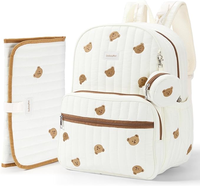 Large Diaper Bag Backpack with Changing Pad, Insulated Bottle Pockets, Travel & Hospital Bag for Mom & Dad (Large - Beige Bears) by GoBabyMart