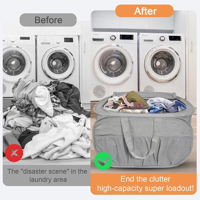 2 Pack Collapsible Laundry Baskets with Lid, Foldable Laundry Basket with Pockets, Pop Up Hamper with Dual Handles, 99L Sturdy Hampers for Clothes, Groceries, Supplies, Tools, Grey - Image 6