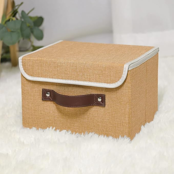 ANMINY Fabric Storage Box Bins with Lids, Khaki, 10"x8"x7" | Keepsake Memory Storage, Cotton Linen, PP Board Reinforced, Washable, PU Handles, Foldable & Stackable, Decorative, Small - Image 6