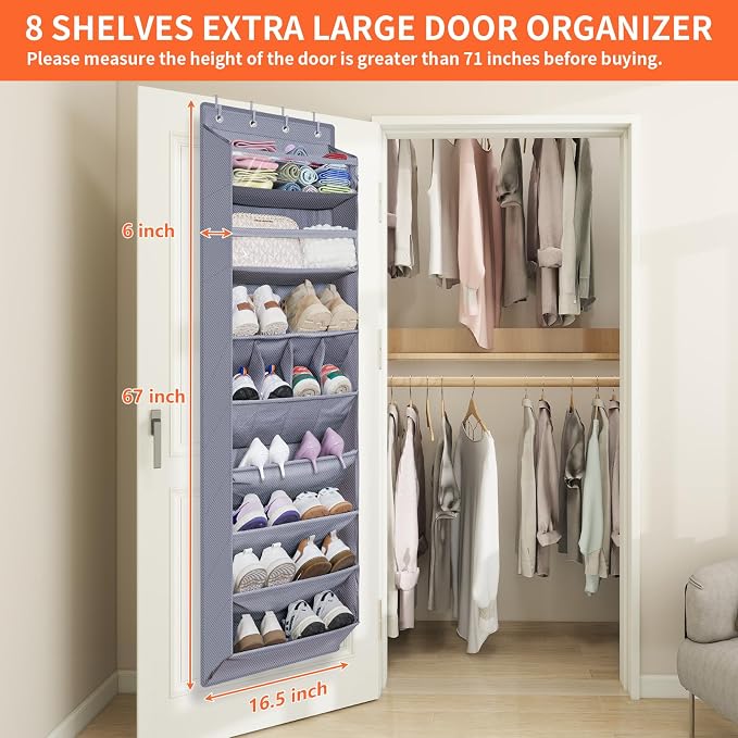 1 Pack Over The Door Shoe Organizer, 8 Shelves Hanging Shoe Organizers, | 68" Exlarge Deep Pockets Shoe Rack for Closet, Shoe Holder for Boots, Sneakers, Heels, Over Door Organizer in Home, RV, Grey - Image 3