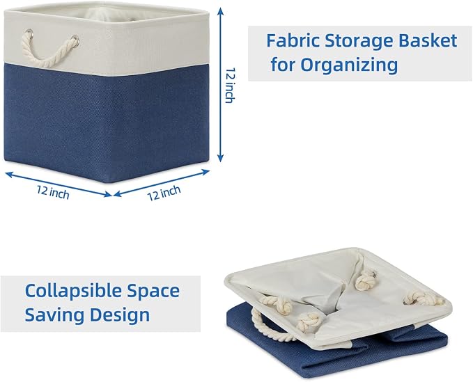 Temary Fabric Storage Cubes for Organizing 4Pack Blue Fabric Storage Basket 12 Inch Cube Storage Bins with Handles for Organizing Toys, Shelf Baskets for Home Office Closet (White&Blue) - Image 7