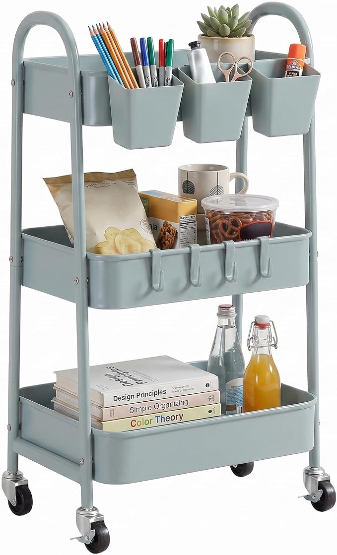 danpinera 3-Tier Rolling Cart, Utility Cart Mobile Metal Rolling Storage Cart with Lockable Wheels & Hanging Cups & Hooks for Kitchen, Bathroom, Office, Workshop, Gray Blue by danpinera