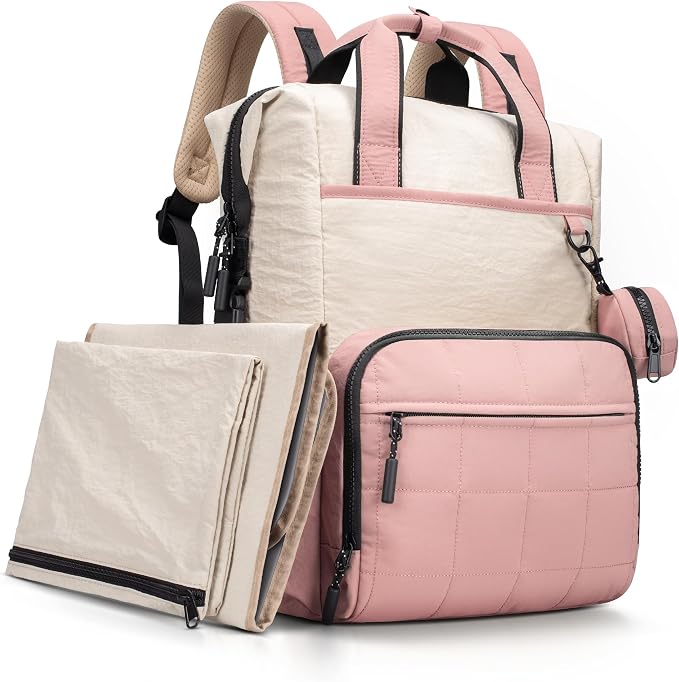 VONAL Diaper Bag Backpack, Lightweight Baby Diaper Bags, Travel Large Diaper Bag with Changing Station, Pink Diaper Backpack for Boys Girls Newborn with Insulated Pockets, Stroller Straps by VONAL