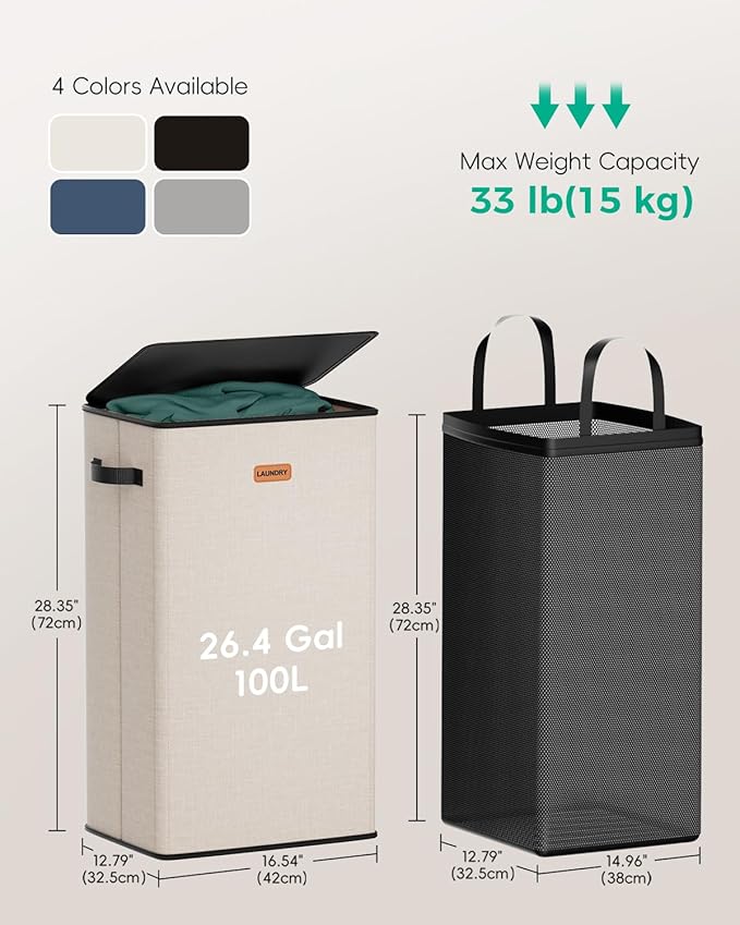 100L Laundry Hamper with Lid, Odor-Controlling Hamper with Handles, Collapsible Laundry Basket with Removable Mesh Bag for Bedroom Bathroom Laundry Room - Image 6