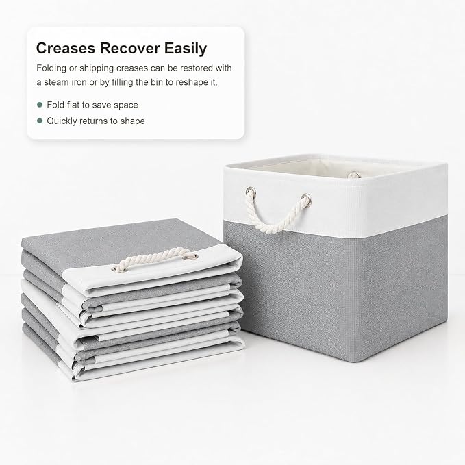 11x11 Inch Cube Storage Bins, 8 Pack Collapsible Fabric Storage Cubes with Rope Handles, Waterproof Foldable Storage Baskets for Cube Shelves, Closet, Clothes, Toys, Books, White & Gray - Image 5