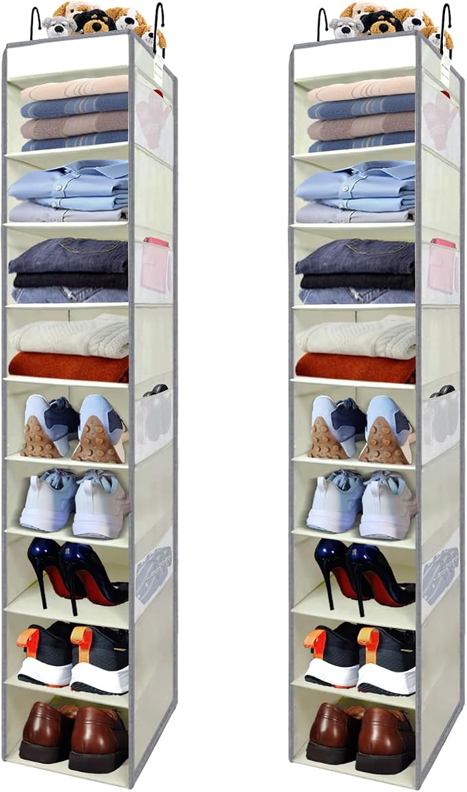 2 Pack Large-Sized Hanging Shoe Organizer 10-Shelf, Sturdy Hanging Closet Organizer with 8 Side Pockets, Wider Hanging Shelves for Storage Shoes Clothes Jeans Shirts Toys, Beige by ROOMTALK