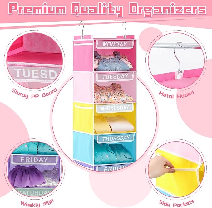 2 Pcs 7 Shelf Weekly Clothes Organizer for Kids Hanging Closet Organizer 11. 8 x 11. 8 x 50 Inch Daily Activity Kids Clothes Storage Drawers Cube Drawers Closet Hanging Shelves (Pastel Color) - Image 4