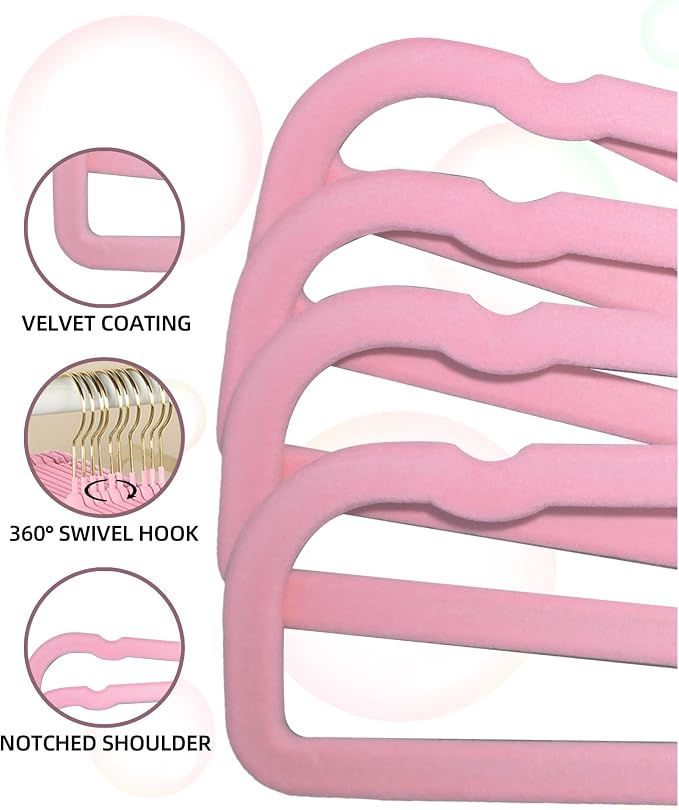 Felt Hangers Pink Velvet Hangers, Cute Pants Hanger, 20 Pack Chic Hangers | 360° Rotatable Golden Hanger for Jean Slack Closet, Anti-Slip Lightweight Padded Slim Space Saving Flocked Trouser Hangar - Image 3