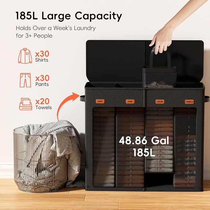 185L Laundry Hamper 4 Section with Lid | 4 Removable Bags + 1 Extra Large Bag, Switchable 3/4 Compartment, Laundry Basket Organizer for Bedroom, Laundry Room - Image 5