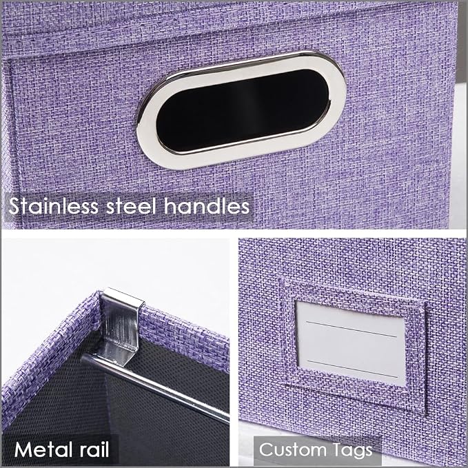 File Organizer Box - Set of 4 Collapsible Decorative Linen Filing Storage Hanging File Folders with Lids Office Cabinet Letter Size Purple (14x9.3x10.8 inch) - Image 5
