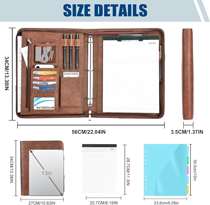 Padfolio Portfolio Binder with Handle, 3-Ring Folder Organizer, Vegan Leather Portfolio with Notepad Includes 5 Dividers with 10 Pockets for Documents Filesfor Documents Files and 1 Pen - Image 2