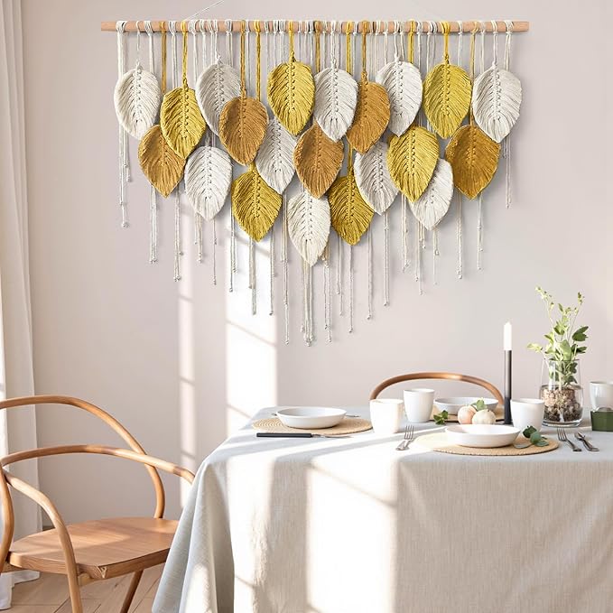 Large Macrame Wall Hanging Boho Woven Tapestry Bohemian Farmhouse Wall Art | KHOYIME Handmade Yellow Leaf Feather Chic Modern Home Decoration for Living Room Bedroom Nursery Dorm Backdrop 39"W X 29.5"L - Image 7