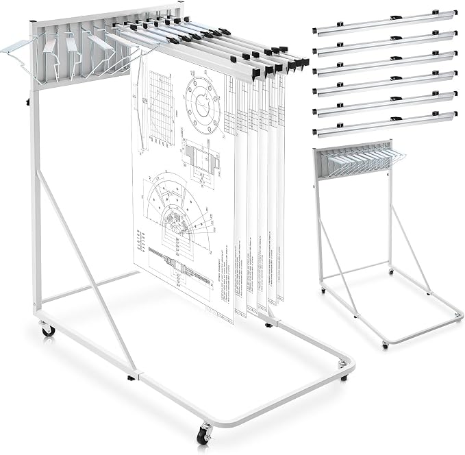 Estune Mobile Blueprint Holder Rack, Adjustable Mobile Blueprint Holder with 6 30 In Hanging Clamps 4 Wheels Poster Display Rack Storage Organizer Stand for File Display Plan Office Home(Silver) by Estune