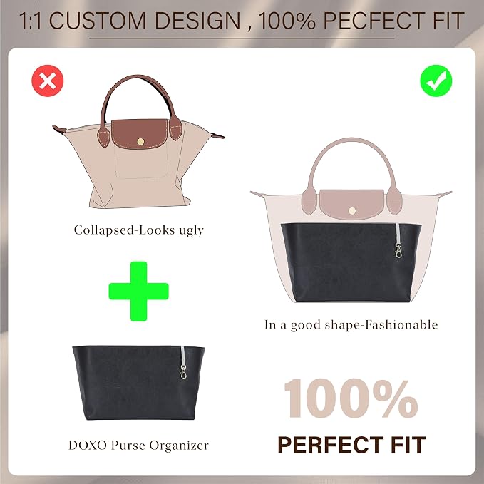 Purse Organizer Insert for Longchamp Le Pliage Large, Black Beige | 6-Compartment Bag Organizer with YKK Zipper Pocket, Cup Holder, Key Chain, Waterproof DupontPaper Lightweight Handbag Shaper - Image 3