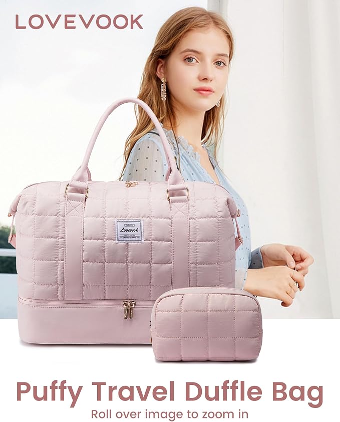LOVEVOOK Large Duffle Bag for Travel, Puffer Weekend Bags for Women Travel Tote, Carry on Duffel Bag for Airplanes, 18 Inch Personal Item Bag Gym Bag Women, Pink - Image 8