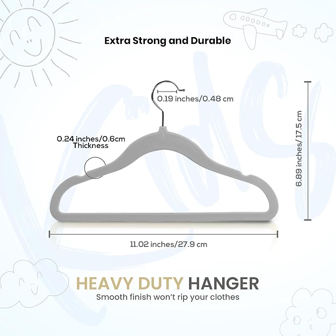 Utopia Home Kids Velvet Hanger 50 Pack – 11" Premium Baby Hangers - Grey | Premium Non-Slip Baby Hangers for Baby and Toddlers, Durable Ultra-Slim Space-Saving Closet Organizers - Image 5