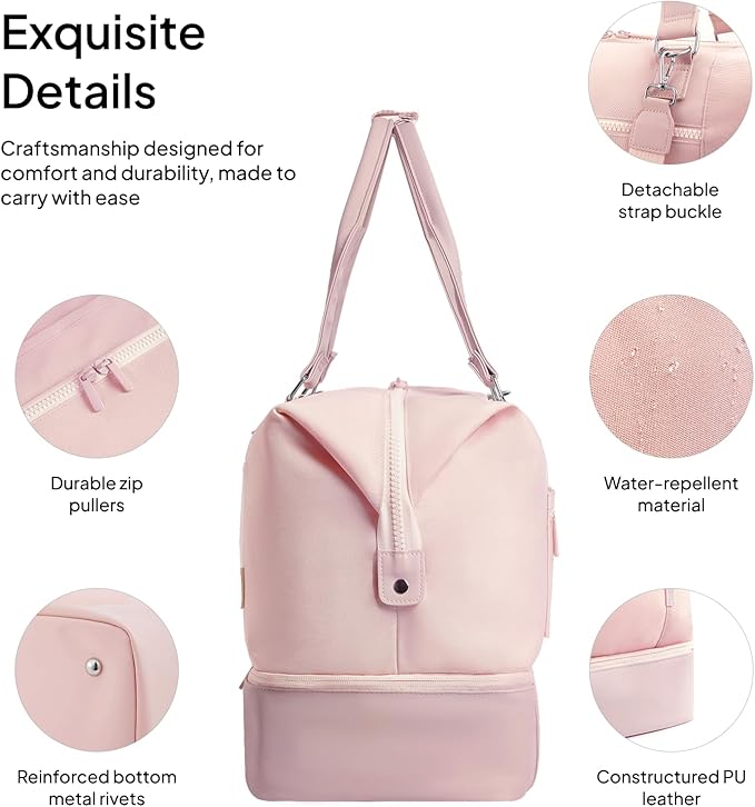 Travel Duffle Bag for Women, 40L Weekender Bags Airline Approved Carry On with Shoe Compartment & Waterproof Wet Pocket, Durable Nylon Weekender Overnight Bag for Travel, Gym, Business Trip, Pink - Image 6