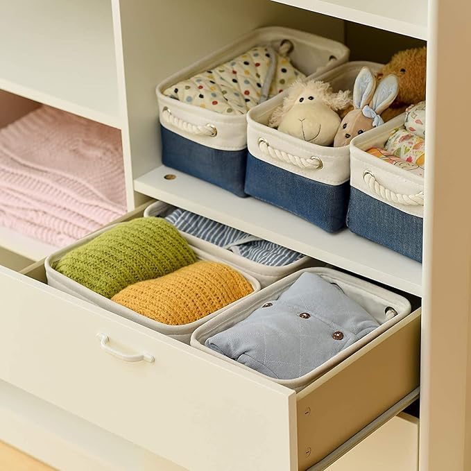 Storage Basket for Organizing - Small 12x8x5.2 inch 6 Pack Collapsible Storage Bin for Shelves, Canves Storage Cubes for Organizer Cloth Box Gift Toys Closet (White & Jean Blue) - Image 2