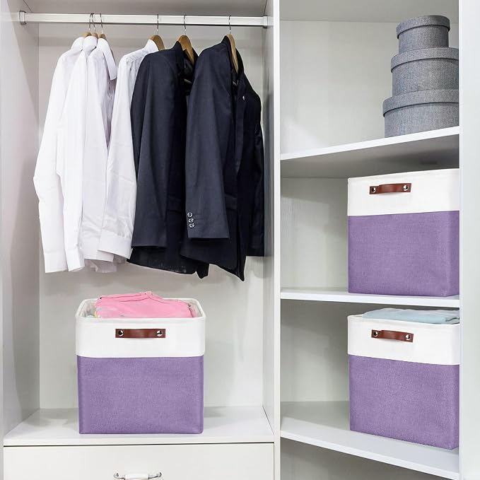 13x13 Cube Storage Bins, Collapsible Fabric Storage Box, 4 Pack Closet Baskets with Handles for Organizing, Shelf, Toys, Clothes, Home, Office, Nursery (Purple&White) - Image 2