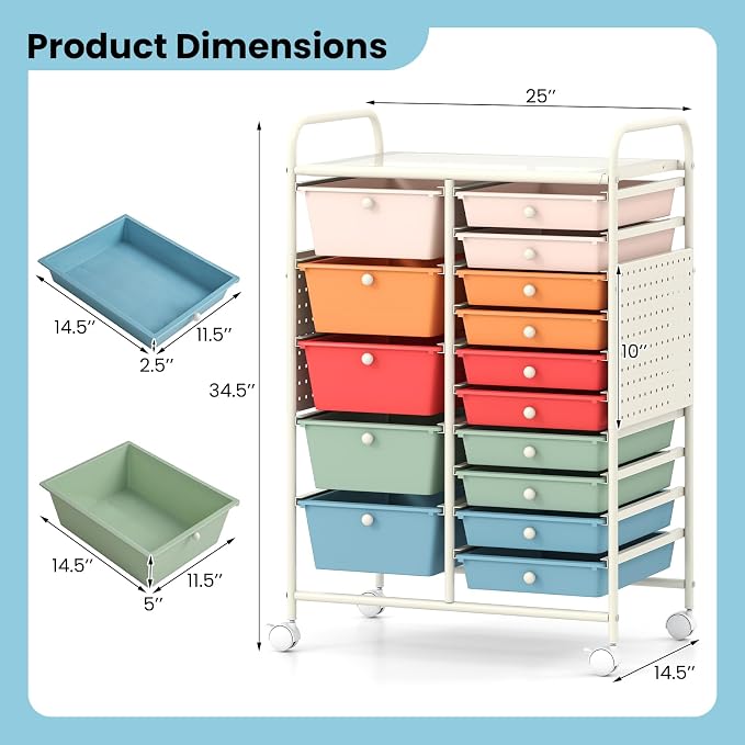 DREAMADE 15-Drawer Rolling Storage Cart, Craft Organizer Cart, Macaron | Mobile Utility Cart with Metal Pegboard Panels, Tabletop and Lockable Wheels for Classroom, Office, Studio and Playroom - Image 3