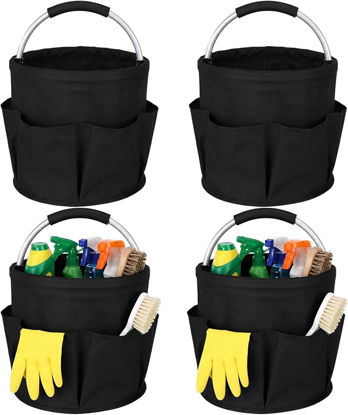 LemonRoad 4 Pack Cleaning Caddy with Handle 17L Foldable Cleaning Supplies Organizer Oxford Cloth Storage Basket with 6 Pockets & Soft Grip Portable Multi Bucket Bag for Home, Garden (Black) by Unknown