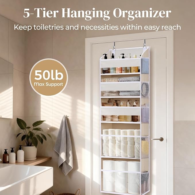 5 Tiers Over the Door Organizer with 10 Mesh Side Pockets, 44 lbs Weight Capacity Closet Hanging Storage Organizer with Large Clear Window Kids Toys, Shoes, Diapers, Beige，2 Pack - Image 4