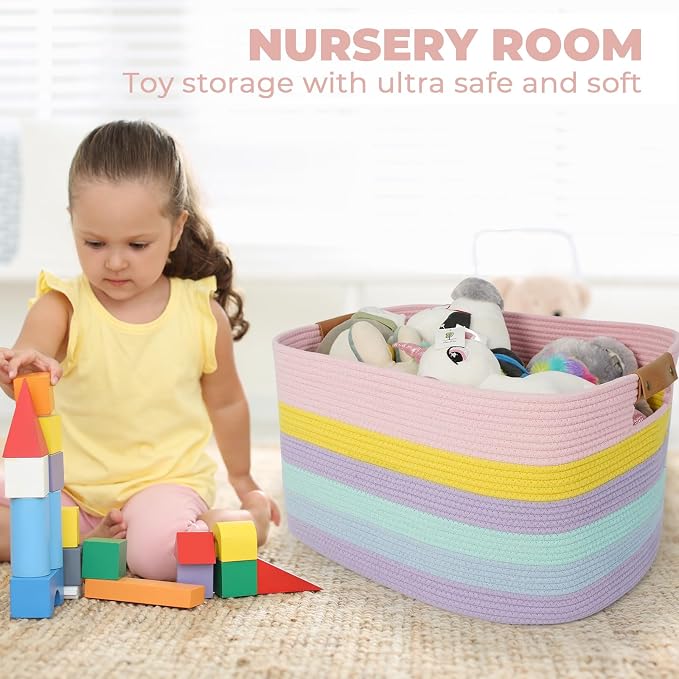 Large Laundry Basket, 108L Rectangle Woven Baskets for Storage for Living Room, Laundry, Nursery, Pillows, Baby Toy chest, Blanket Storage with Leather Handle, 25’’*16’’*16’’ Rainbow - Image 4