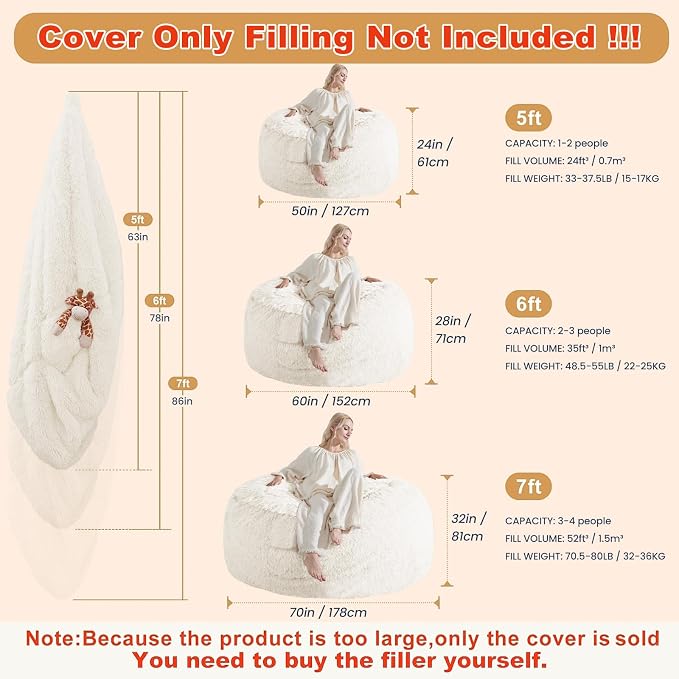 Bean Bag Cover (No Filler), Faux Fur Beanbag Chairs Covers Only, Stuffed Animal Storage Bean Bag, Giant Washable Beanbag Cover Without Filling, 5FT, White - Image 2