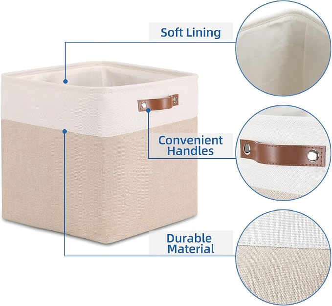 Temary Cube Storage Bins 13x13 Fabric Storage Cubes Baskets Set Of 4 Cloth Baskets for Shelf, Large Bin Empty Basket for Organizing, Shelf Basket (White&Khaki) - Image 3