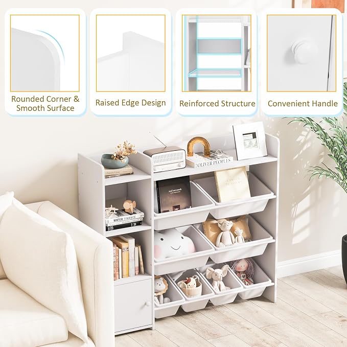 Costzon Kids Toy Storage Organizer, 4-Tier Bookshelf Storage Cabinet w/8 Removable Bins, Preschool Children's Montessori Bookshelf w/Large Cabinet for Playroom, Daycare, Kids Room, Classroom - Image 8