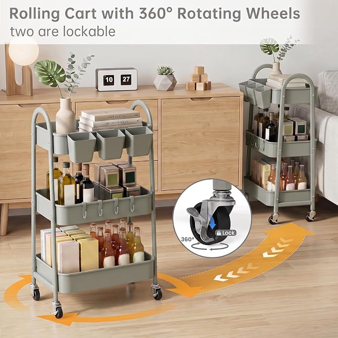danpinera 3-Tier Rolling Cart, Metal Rolling Storage Cart with Lockable Wheels & Hanging Cups & Hooks, Mobile Trolley Cart for Kitchen, Bathroom, Office, Workshop, Gray - Image 3