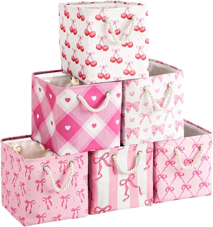 6 Pack Pink Bow Cube Storage Bins Fabric Square Cube Baskets, 11x11 Inch | Pink Bow Foldable Organizer with Sturdy Handles, Home Closet Bin for Shelves, Durable Cube Baskets Bulk for Home Storage by Geiserailie