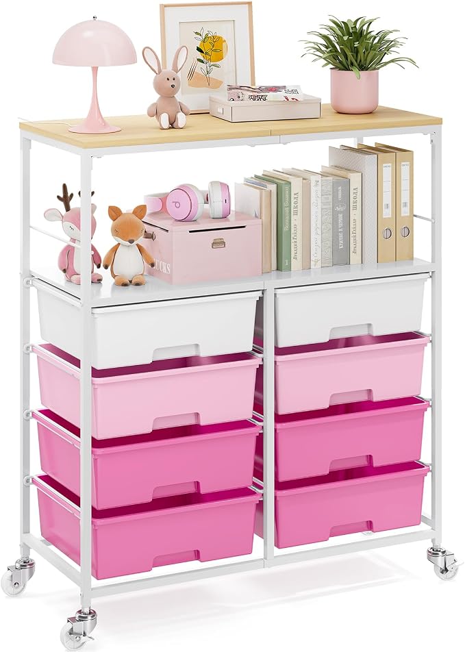 Rolling Storage Cart with 8 Large Drawers, Wooden Tabletop | Open Storage Shelves, Mobile Craft Organizer with Lockable Wheels for Home, Classroom, Office Supplies & Art Studio,Pink by APEXCHASER
