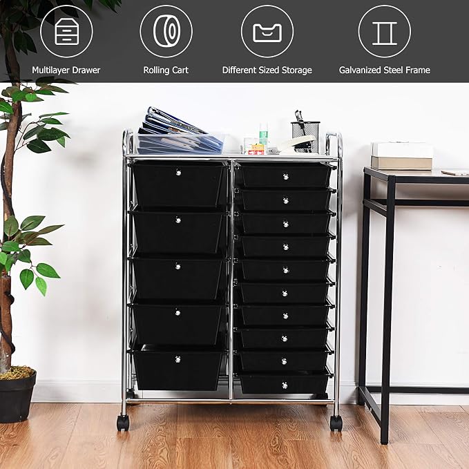 GOFLAME 15-Drawer Rolling Storage Cart, Craft Storage Cart with Removable Drawers & Lockable Wheels, Art Cart Supply Storage Organizer for Home Office Classroom, Black - Image 4