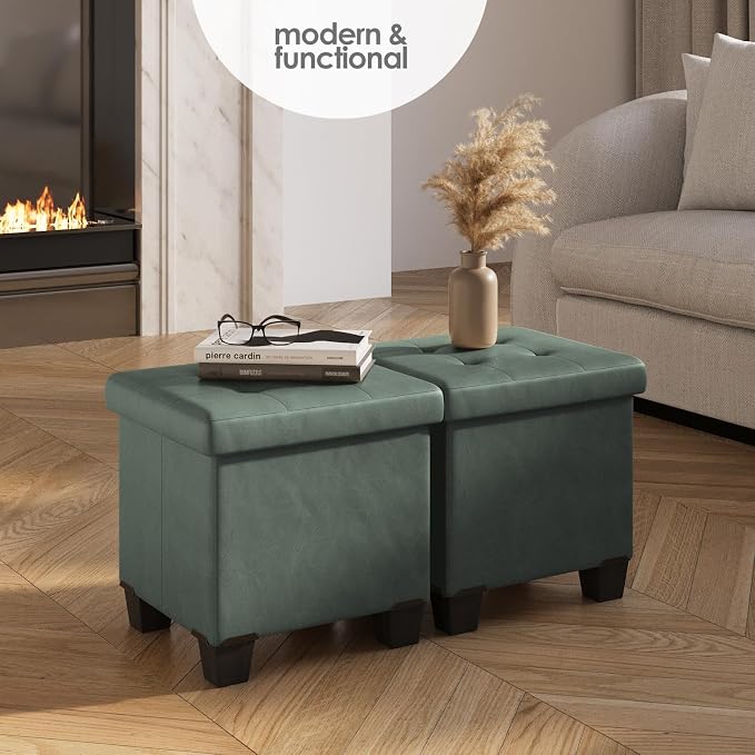 Storage Ottoman Cube with Small Bin, 15-in Square Ottoman with Storage for Living Room and Bedroom, Small Ottomans Foot Rest, Leather Foot Stools Ottomans Max 330lbs, Green - Image 2