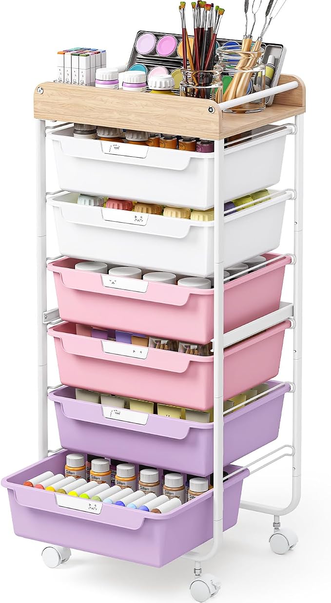 SYKIARIOL Rolling Cart with 6 Drawers,Craft Organizer and Storage,Purple | Utility Storage Cart with Drawers,Art Cart,Makeup Organizer With Wooden Tabletop by SYKIARIOL