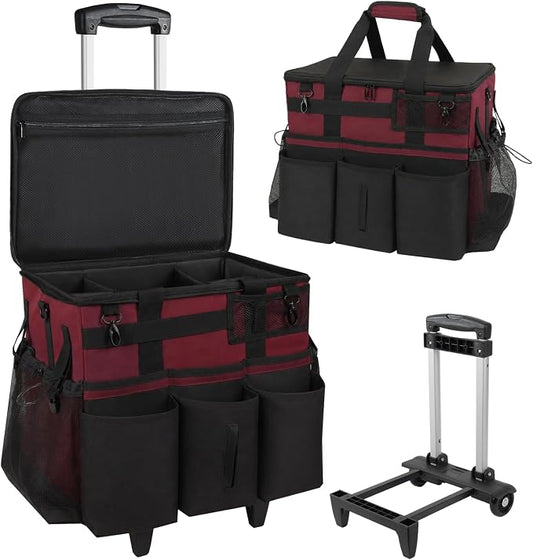 SCAVATA Rolling Cleaning Caddy Bag with Detachable Trolley, Large Cleaning Supplies Organizer with Wheels, Multi-Pocket Cleaning Cart with Adjustable Shoulder Strap for Housekeepers (Magenta) by Tidyyourlife