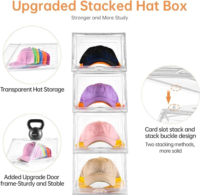 Stackable Clear Hat Organizer for Baseball Caps with Sliding Drawer | 4 Pack, Each Holds 12 Caps, Hat Storage Box for Closet, Transparent Hat Holder Display Case, Space-saving, Plastic - Image 6