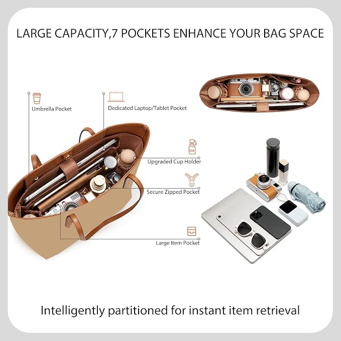Tote Bag Organizer Insert for Coach City 33 Bag, Premium Soft Nylon Purse Organizer Insert with Laptop Sleeve, Handbag Inner Divider Shaper with Elastic Cup Holder & Smooth Zipper(City33/Brown) - Image 5