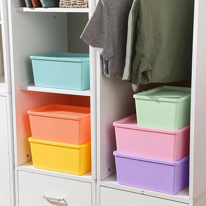 6 Pcs Plastic Storage Bins with Lids, Large and Small, Macaron Color | 14.4 x 10.4 x 5.1 Inch and 10.6 x 7.5 x 4.7 Inch, Stackable Storage Container, Decorative Organizer for Shelves Closet Office - Image 4