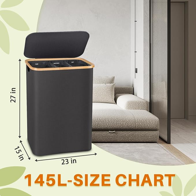 145L Laundry Hamper with Lid, 3 Section Laundry Basket with 3 Removable Bag | Clothes Hampers for Laundry with Bamboo Frame Handle, Large Dirty Clothes Hamper for Laundry Room, Bathroom, Bedroom, Grey - Image 2